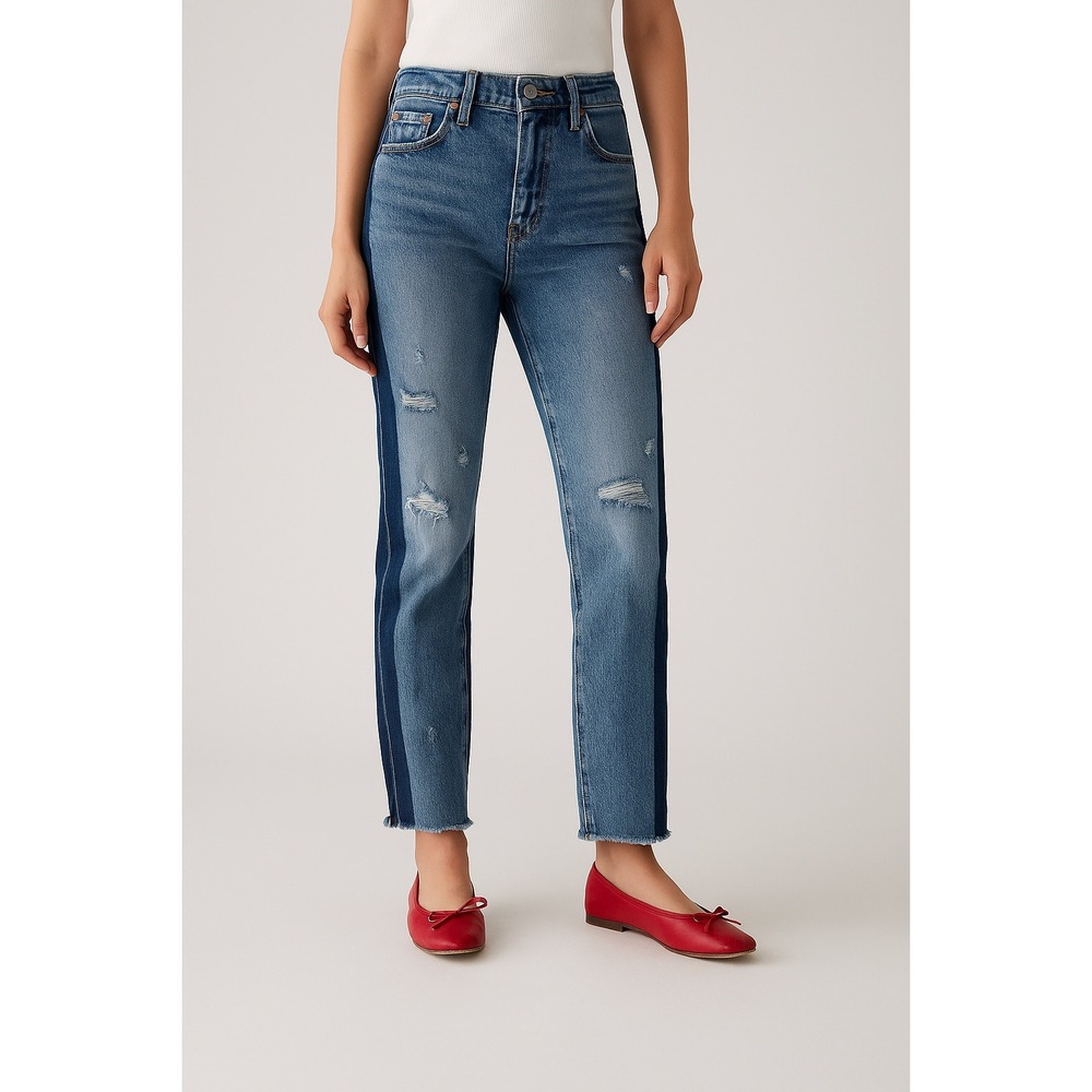 Levi's Two-Tone Light/Dark Blue Straight Leg Distressed Jeans Button Fly
